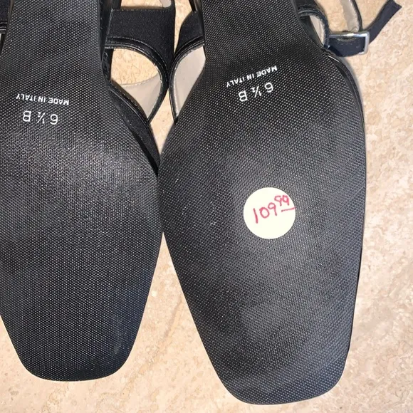RANGONI black sling backs, fabric with leather trim, 2.5” heel 6.5 EUC