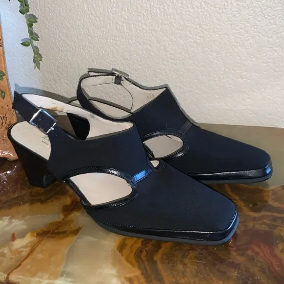 RANGONI black sling backs, fabric with leather trim, 2.5” heel 6.5 EUC