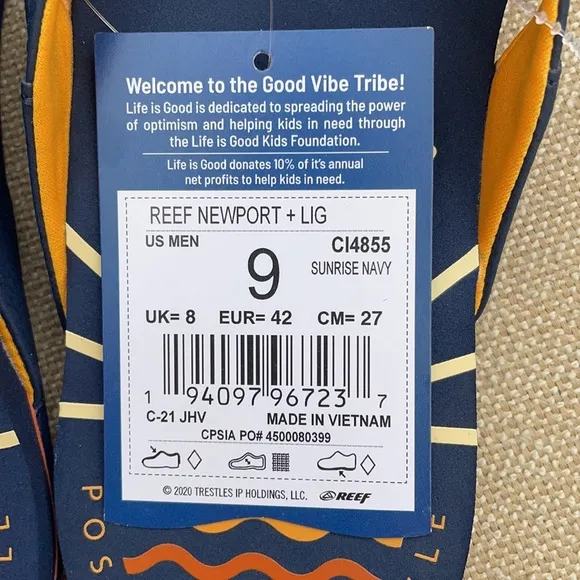 Reef Men's Newport Life is Good Sunrise Navy Sandals Flip Flops Size 9 NWT