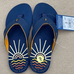 Reef Men's Newport Life is Good Sunrise Navy Sandals Flip Flops Size 9 NWT