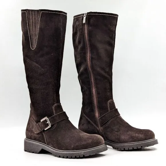 Revolve LA CANADIENNE STEVIE DARK BROWN SUEDE WATERPROOF BUCKLE KNEE BOOTS