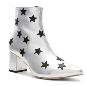 Revolve Raye Thom Ankle Boots Silver Metallic Pointed Toe Black Stars Size 8