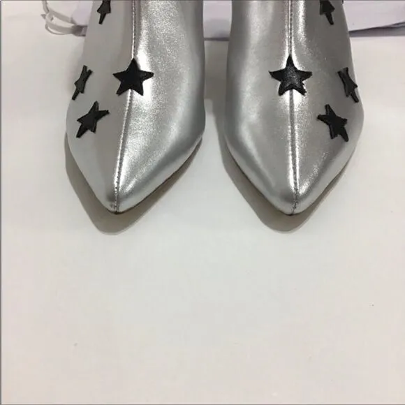 Revolve Raye Thom Ankle Boots Silver Metallic Pointed Toe Black Stars Size 8