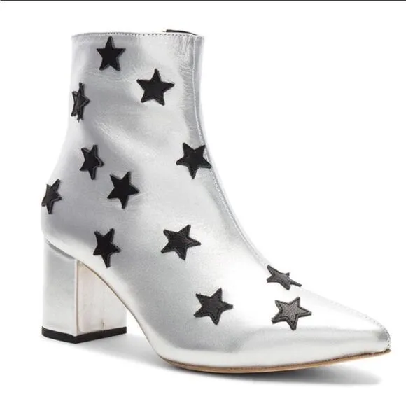 Revolve Raye Thom Ankle Boots Silver Metallic Pointed Toe Black Stars Size 8