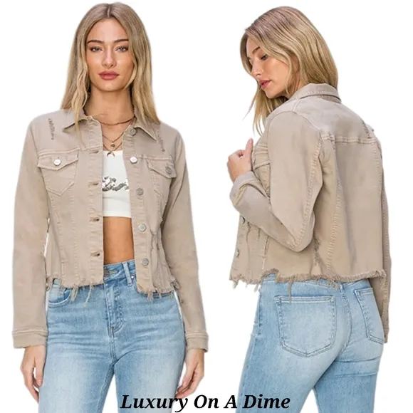 RISEN Cropped Distressed Raw Hem Denim Long Sleeve Button-up Khaki Jean Jacket
