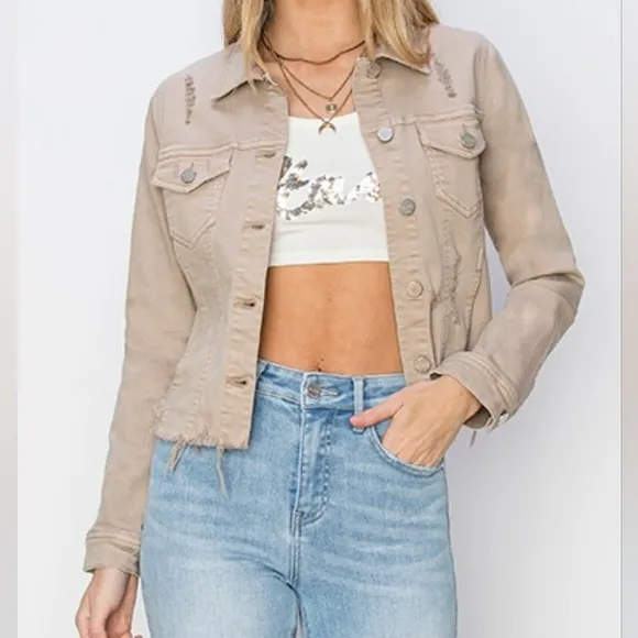 RISEN Cropped Distressed Raw Hem Denim Long Sleeve Button-up Khaki Jean Jacket