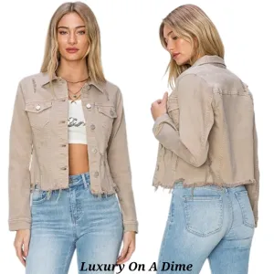 RISEN Cropped Distressed Raw Hem Denim Long Sleeve Button-up Khaki Jean Jacket