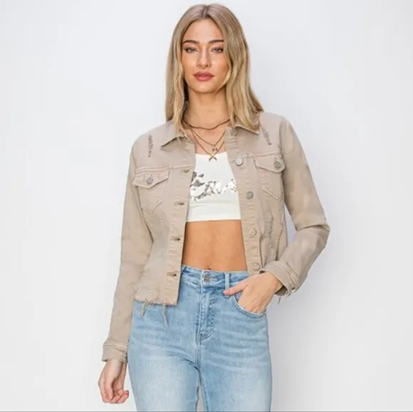 RISEN Cropped Distressed Raw Hem Denim Long Sleeve Button-up Khaki Jean Jacket