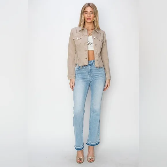 RISEN Cropped Distressed Raw Hem Denim Long Sleeve Button-up Khaki Jean Jacket