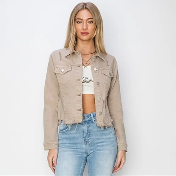 RISEN Cropped Distressed Raw Hem Denim Long Sleeve Button-up Khaki Jean Jacket