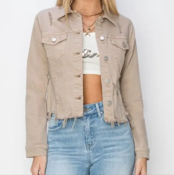 RISEN Cropped Distressed Raw Hem Denim Long Sleeve Button-up Khaki Jean Jacket