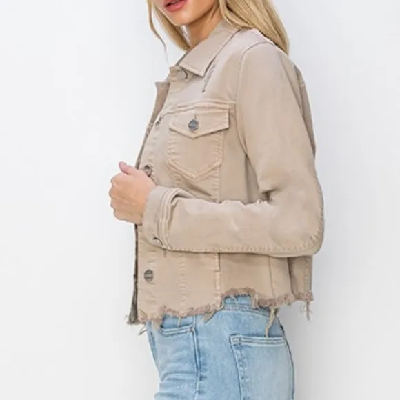 RISEN Cropped Distressed Raw Hem Denim Long Sleeve Button-up Khaki Jean Jacket