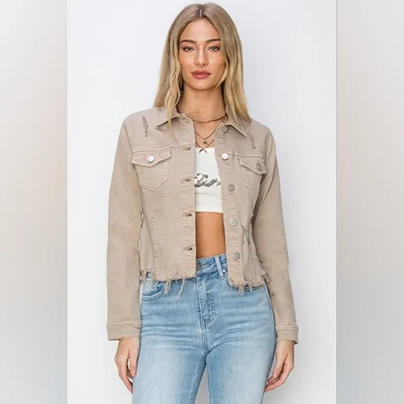 RISEN Cropped Distressed Raw Hem Denim Long Sleeve Button-up Khaki Jean Jacket
