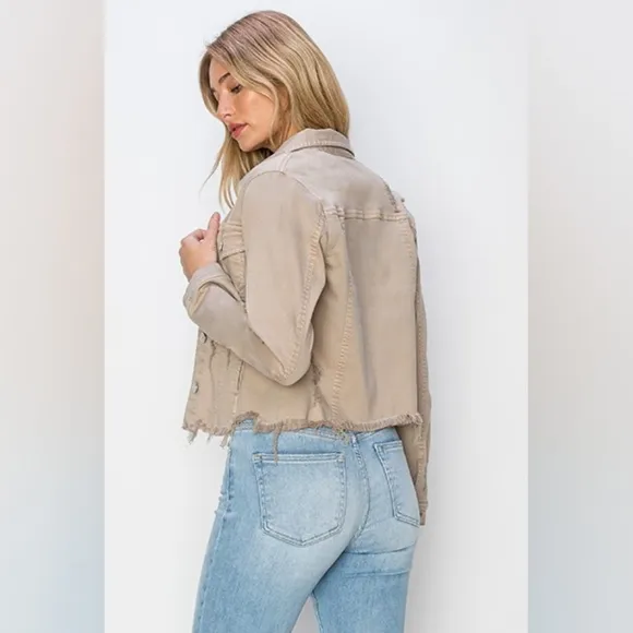 RISEN Cropped Distressed Raw Hem Denim Long Sleeve Button-up Khaki Jean Jacket