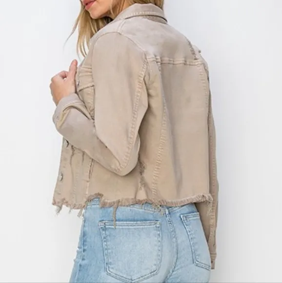 RISEN Cropped Distressed Raw Hem Denim Long Sleeve Button-up Khaki Jean Jacket