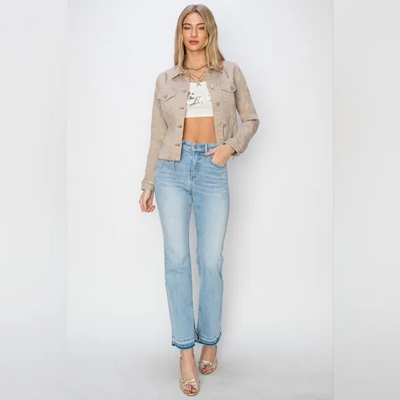 RISEN Cropped Distressed Raw Hem Denim Long Sleeve Button-up Khaki Jean Jacket