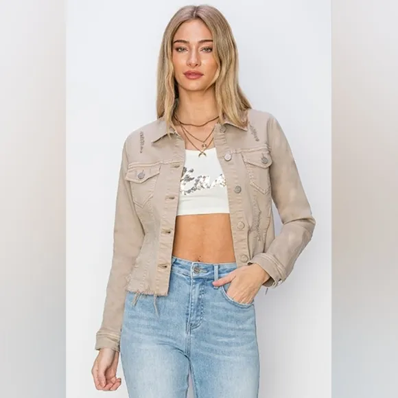 RISEN Cropped Distressed Raw Hem Denim Long Sleeve Button-up Khaki Jean Jacket