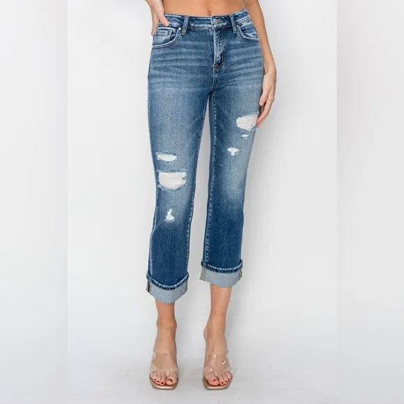 RISEN Cuffed Ankle Distressed Straight Jeans
