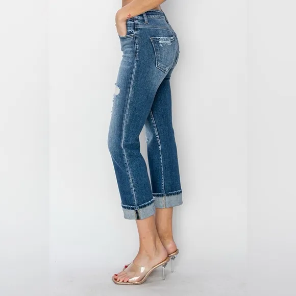 RISEN Cuffed Ankle Distressed Straight Jeans