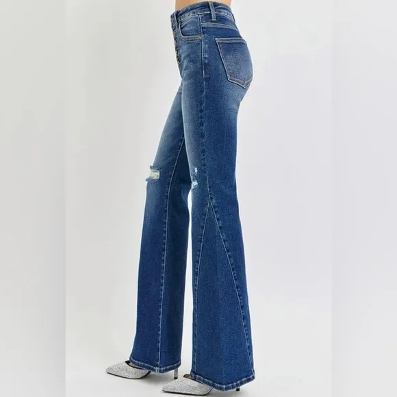 RISEN Distressed Button-Fly Flare Jeans