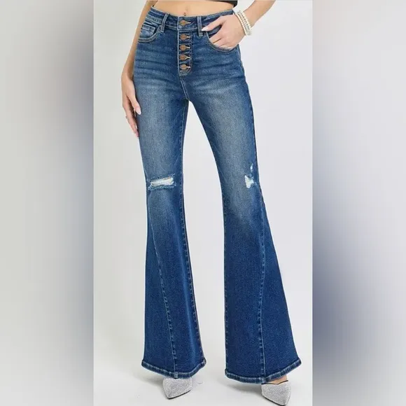 RISEN Distressed Button-Fly Flare Jeans