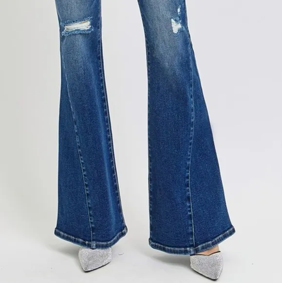 RISEN High-Rise Jeans Button Fly Flare Bell-Bottom Distressed Slim Denim Pants
