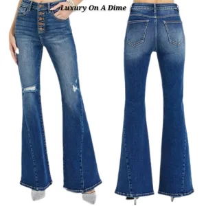 RISEN High-Rise Jeans Button Fly Flare Bell-Bottom Distressed Slim Denim Pants
