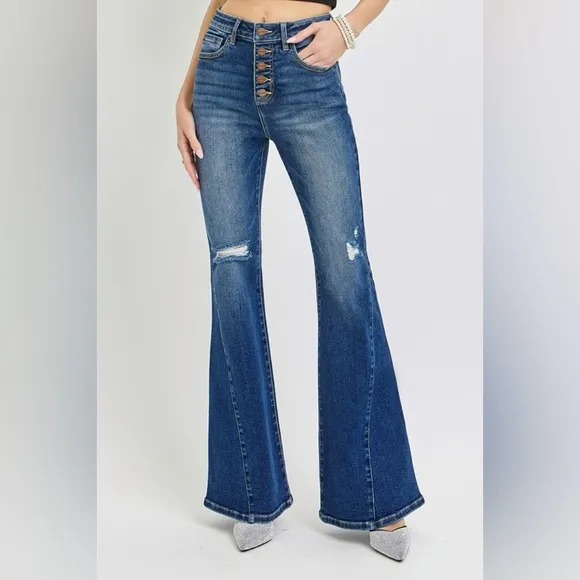 RISEN High-Rise Jeans Button Fly Flare Bell-Bottom Distressed Slim Denim Pants