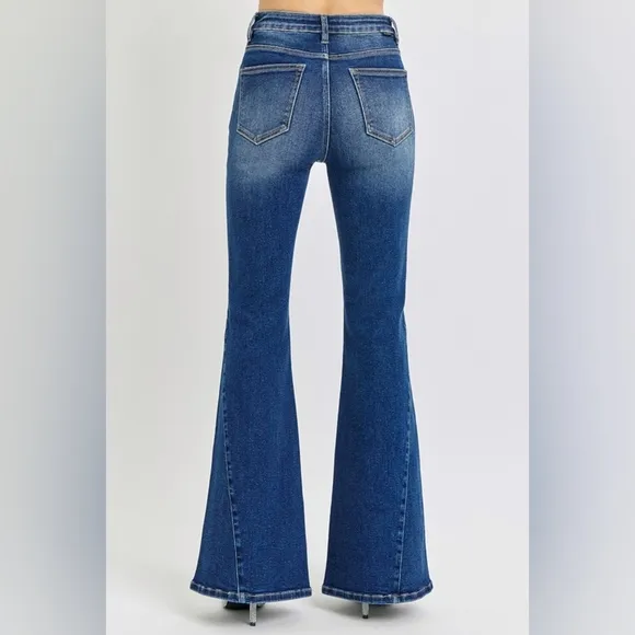 RISEN High-Rise Jeans Button Fly Flare Bell-Bottom Distressed Slim Denim Pants
