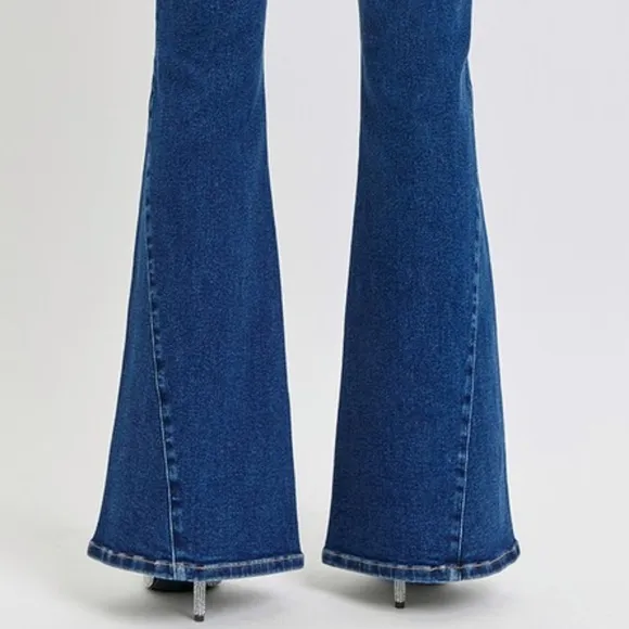 RISEN High-Rise Jeans Button Fly Flare Bell-Bottom Distressed Slim Denim Pants