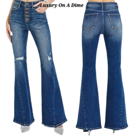RISEN High-Rise Jeans Button Fly Flare Bell-Bottom Distressed Slim Denim Pants