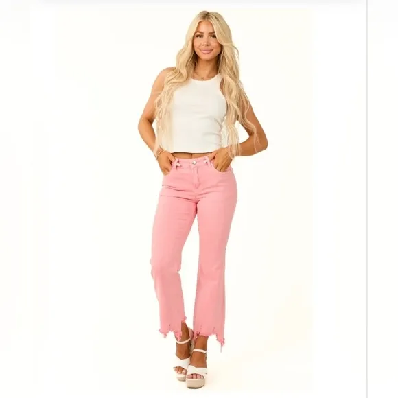RISEN Pink Peach Coral Straight Cropped Distressed Hem Jeans Various Sizes