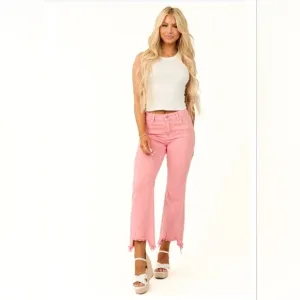 RISEN Pink Peach Coral Straight Cropped Distressed Hem Jeans Various Sizes