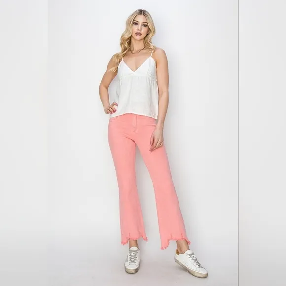 RISEN Pink Peach Coral Straight Cropped Distressed Hem Jeans Various Sizes