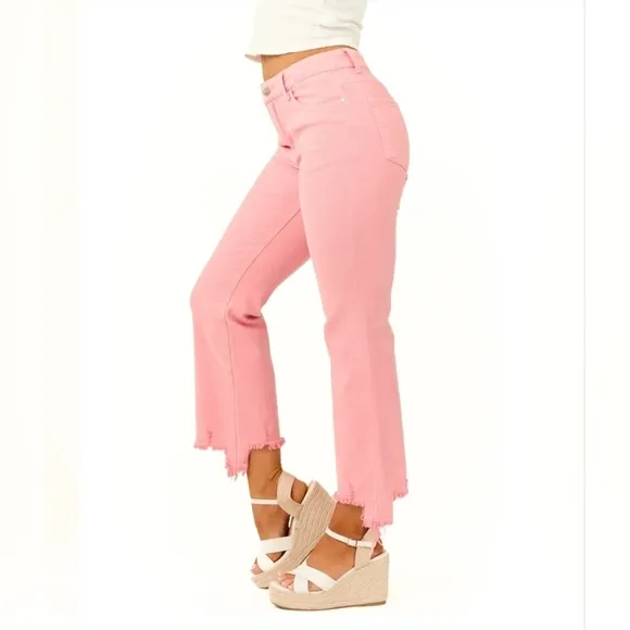 RISEN Pink Peach Coral Straight Cropped Distressed Hem Jeans Various Sizes