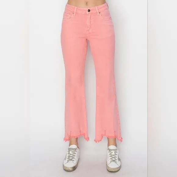 RISEN Pink Peach Coral Straight Cropped Distressed Hem Jeans Various Sizes