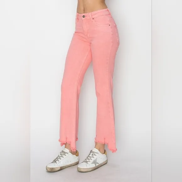 RISEN Pink Peach Coral Straight Cropped Distressed Hem Jeans Various Sizes