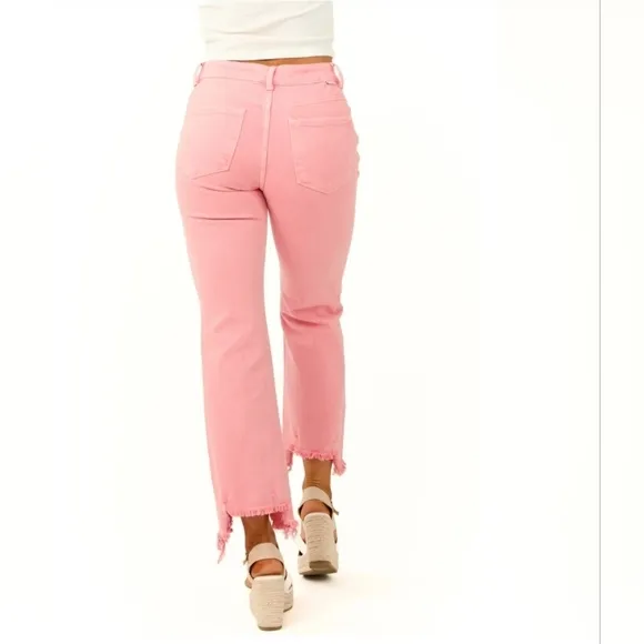 RISEN Pink Peach Coral Straight Cropped Distressed Hem Jeans Various Sizes