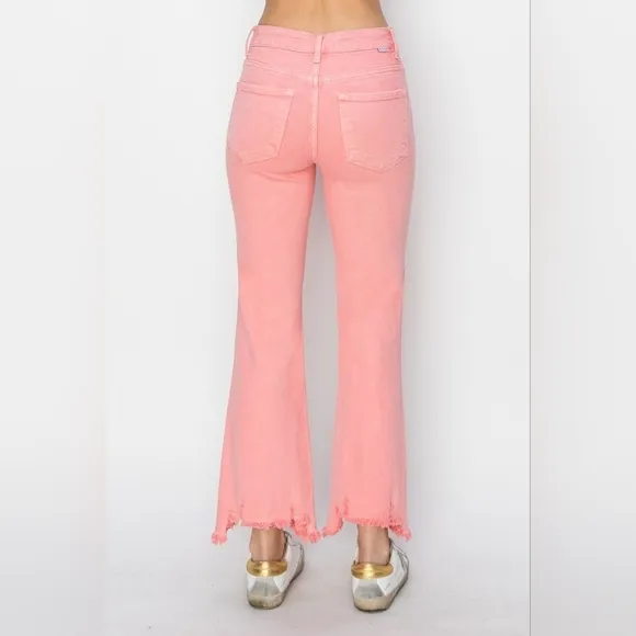 RISEN Pink Peach Coral Straight Cropped Distressed Hem Jeans Various Sizes