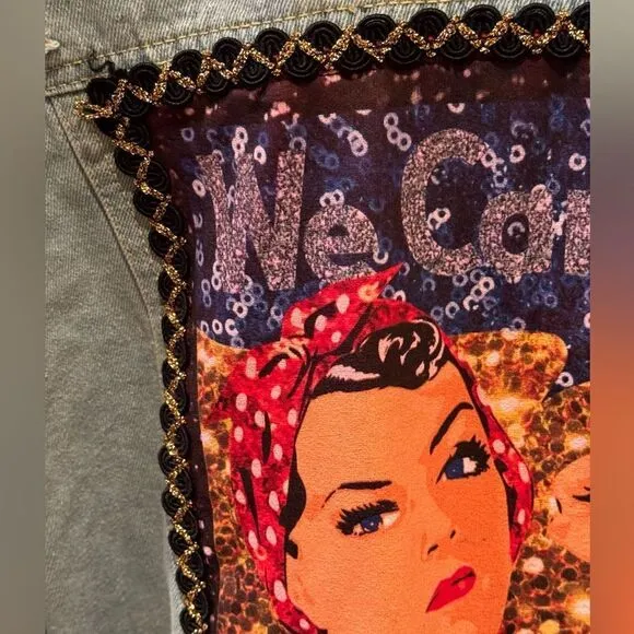Rosie the Riveter Upcycled Light Wash Denim Embellished Button Up Jacket  Sz M