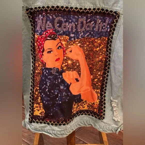 Rosie the Riveter Upcycled Light Wash Denim Embellished Button Up Jacket  Sz M