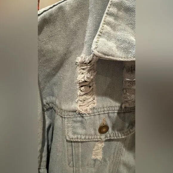 Rosie the Riveter Upcycled Light Wash Denim Embellished Button Up Jacket  Sz M
