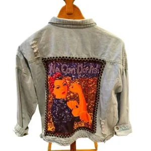 Rosie the Riveter Upcycled Light Wash Denim Embellished Button Up Jacket  Sz M