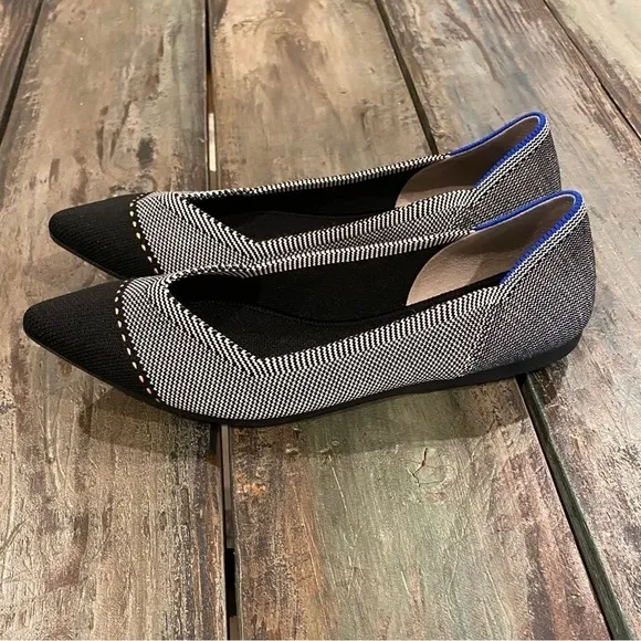 Rothy’s The Point Grey Mist Cap Toe Ballet Flats Black White Womens Size 7 Shoes