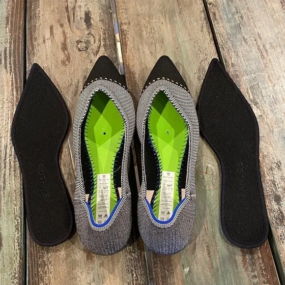 Rothy’s The Point Grey Mist Cap Toe Ballet Flats Black White Womens Size 7 Shoes