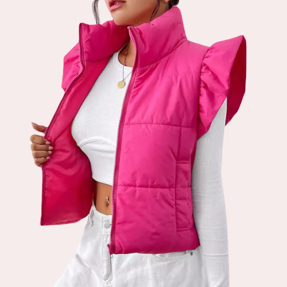 Ruffle Shoulder Puffer Vest | Bold Design | Warm and Trendy