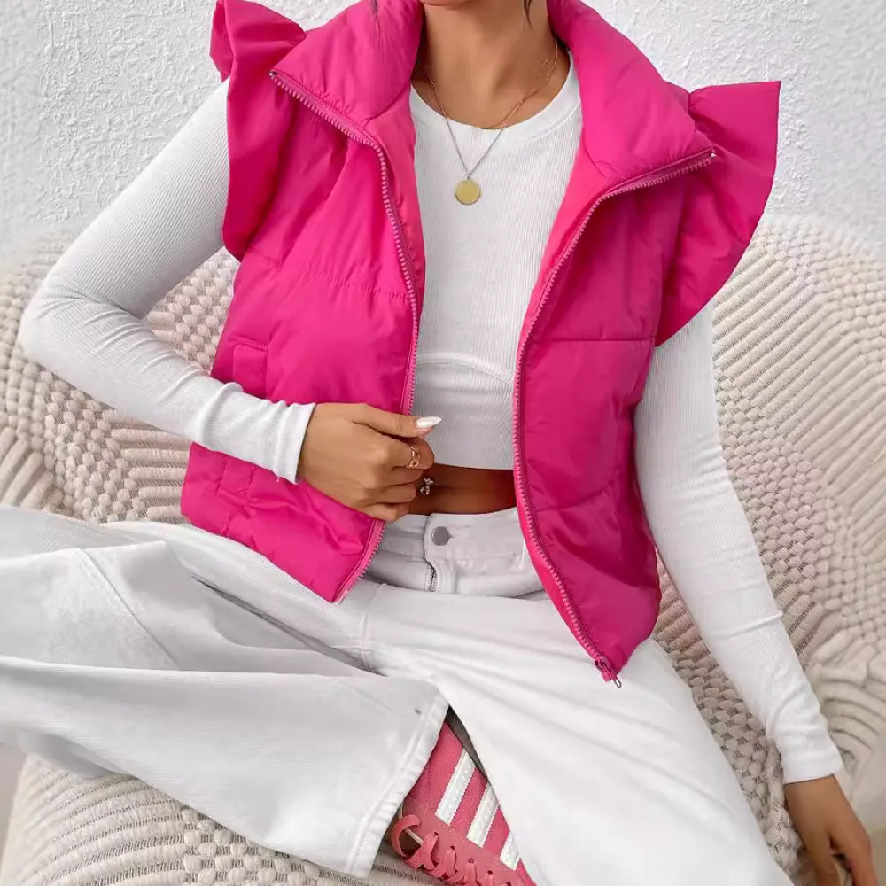 Ruffle Shoulder Puffer Vest | Bold Design | Warm and Trendy