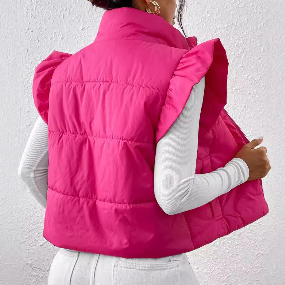 Ruffle Shoulder Puffer Vest | Bold Design | Warm and Trendy