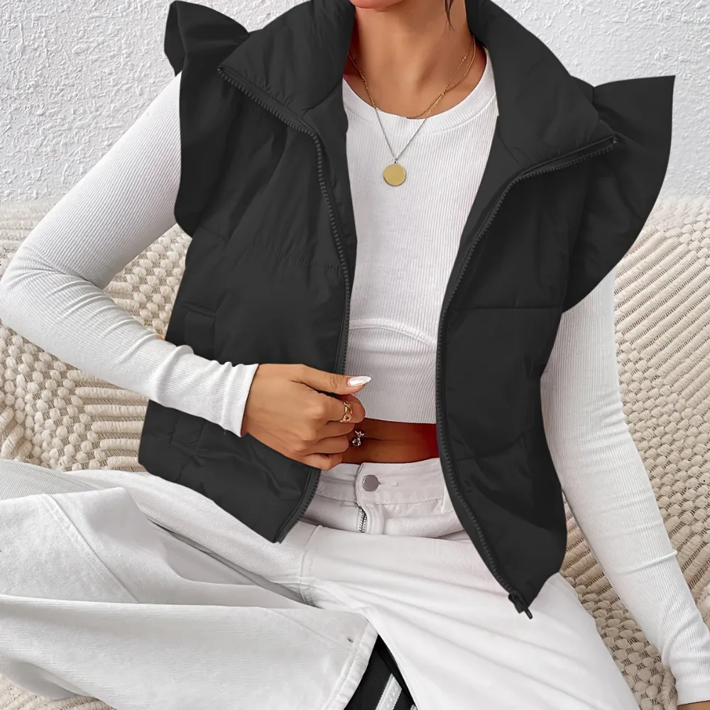 Ruffle Shoulder Puffer Vest | Bold Design | Warm and Trendy