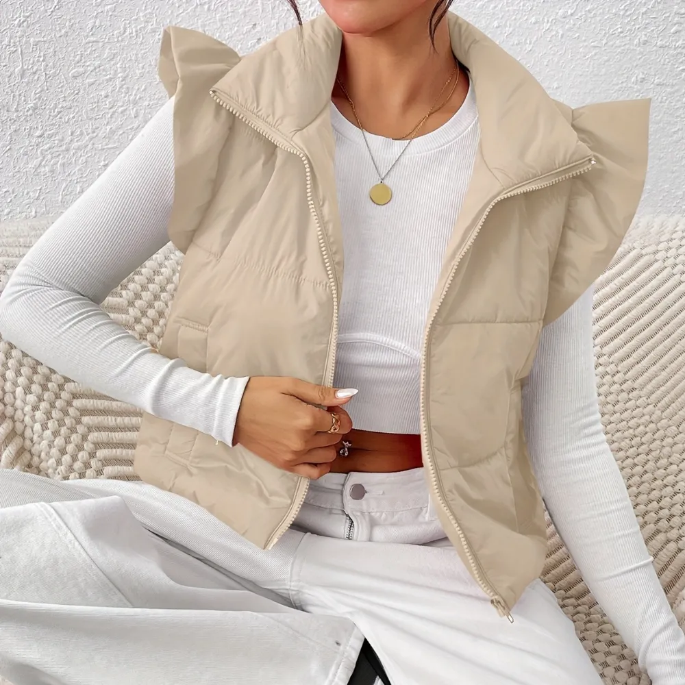 Ruffle Shoulder Puffer Vest | Bold Design | Warm and Trendy